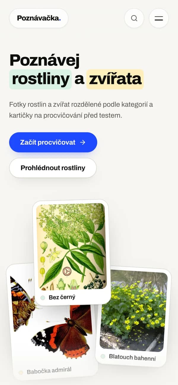 Poznávačka na telefonu s nadpisem Poznávej rostliny a zvířata.