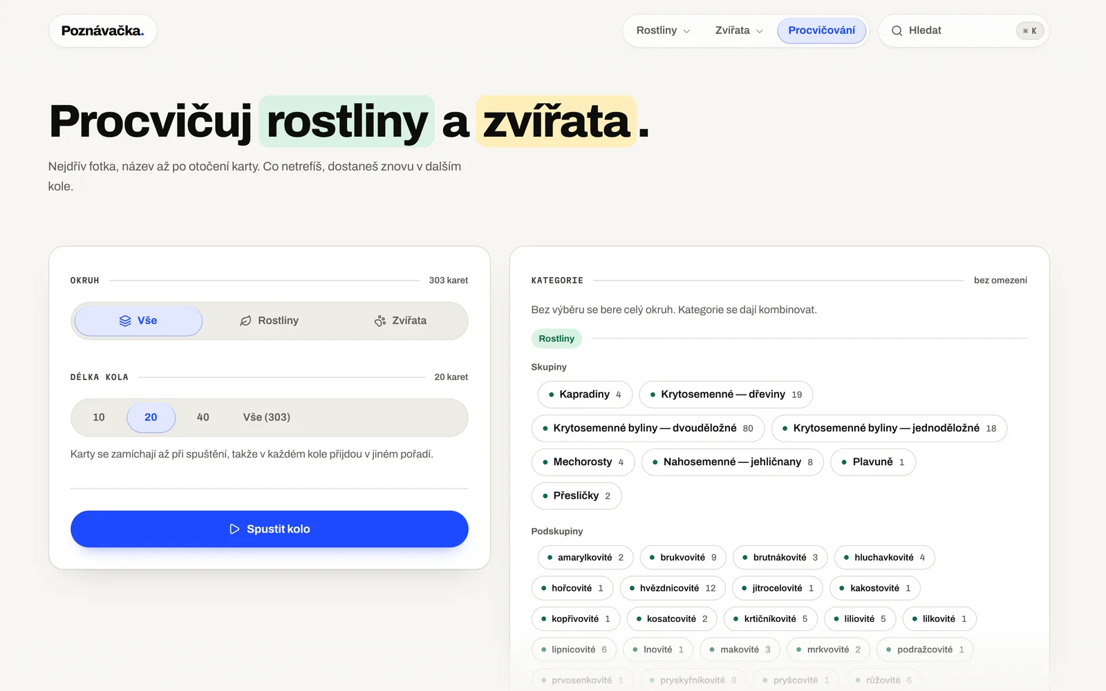 Nastavení procvičování v Poznávačce: výběr okruhu, délky kola a kategorií.