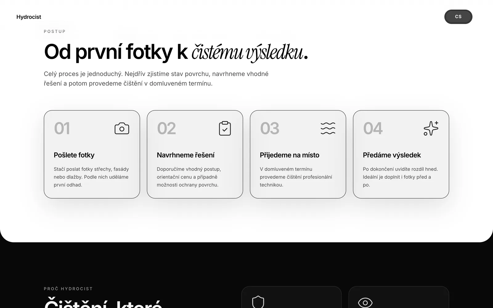 The four-step process on the Hydrocist site: send photos, get a proposal, an on-site visit, the handover.