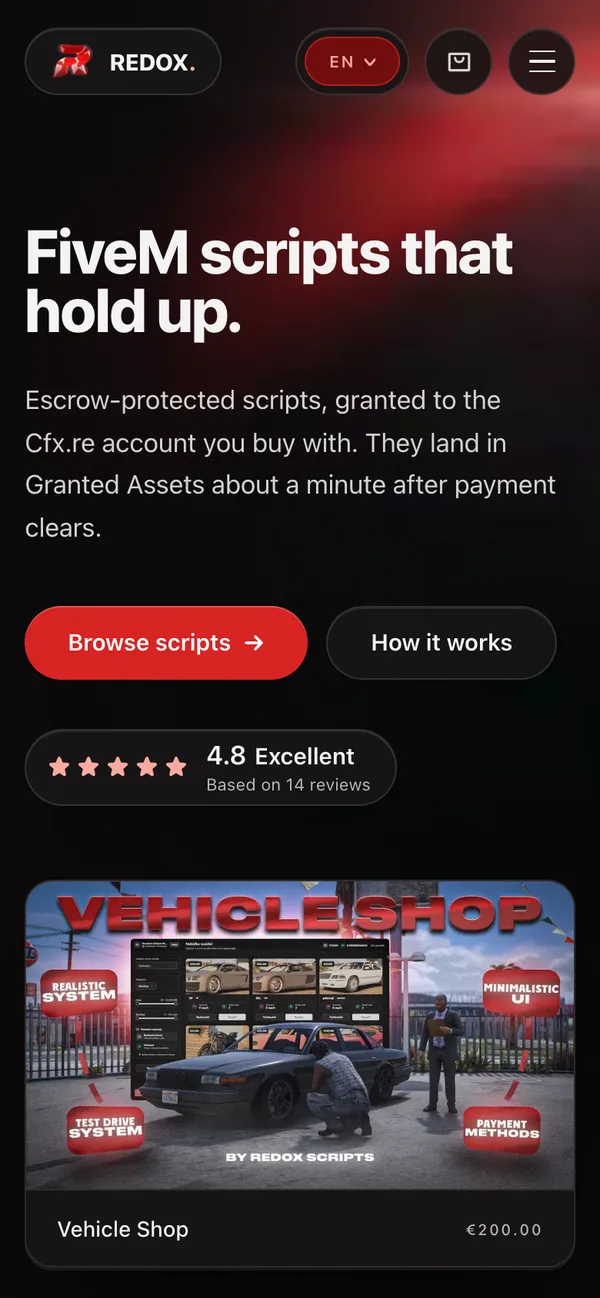 The Redox Scripts store on a phone: the dark opening section with its 4.8 rating.
