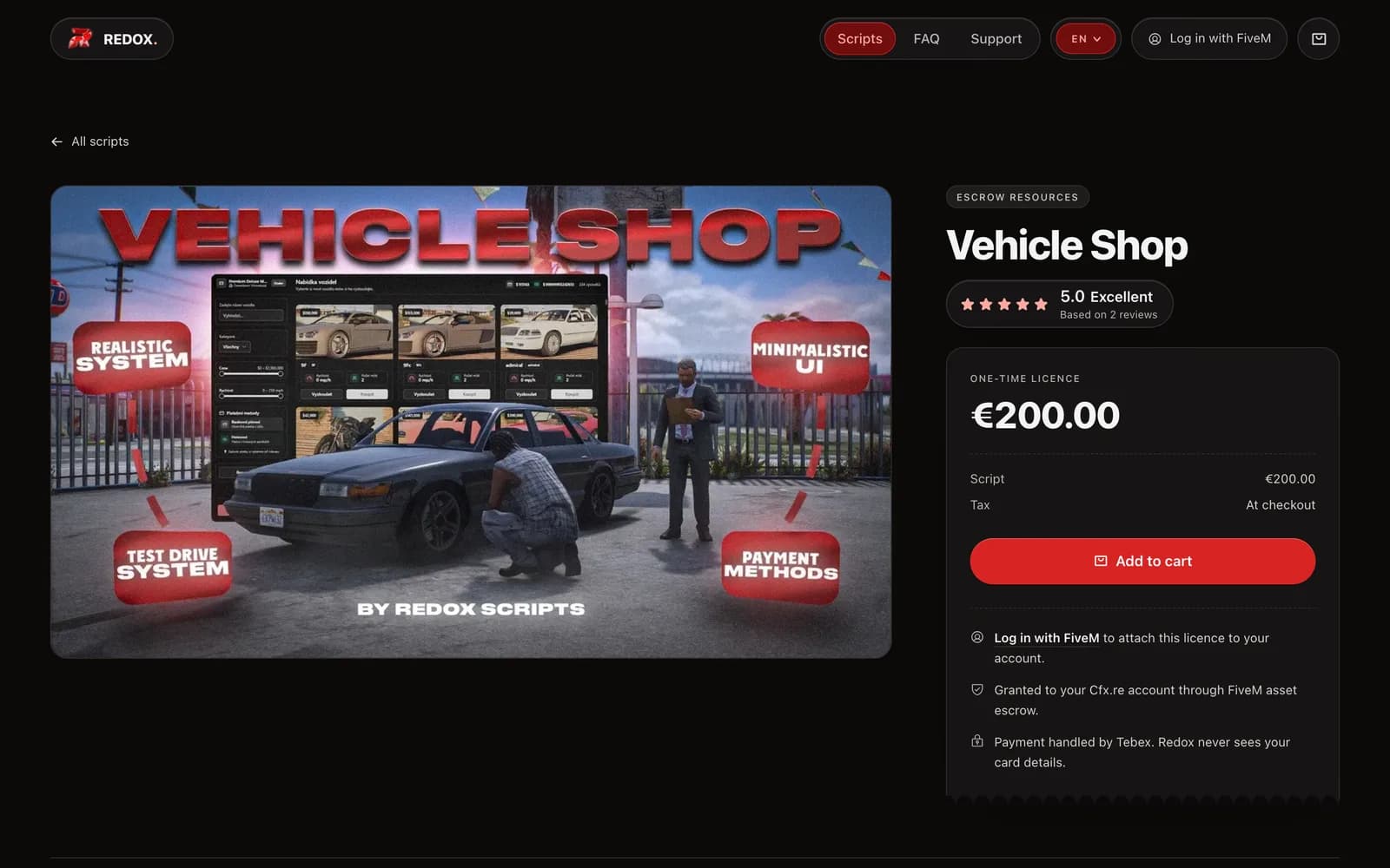 The Vehicle Shop page in the Redox Scripts store, priced at €200 with an add-to-cart button.