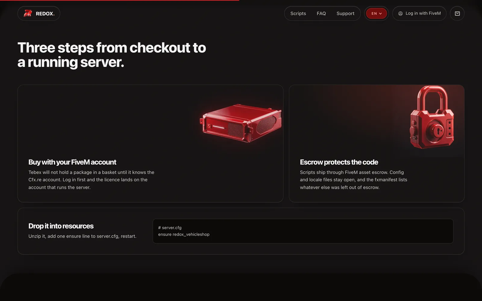 The three steps from purchase to a running script in the Redox Scripts store.