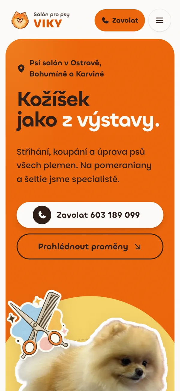 Web Salónu pro psy Viky na telefonu: oranžová úvodní sekce s tlačítkem pro zavolání.