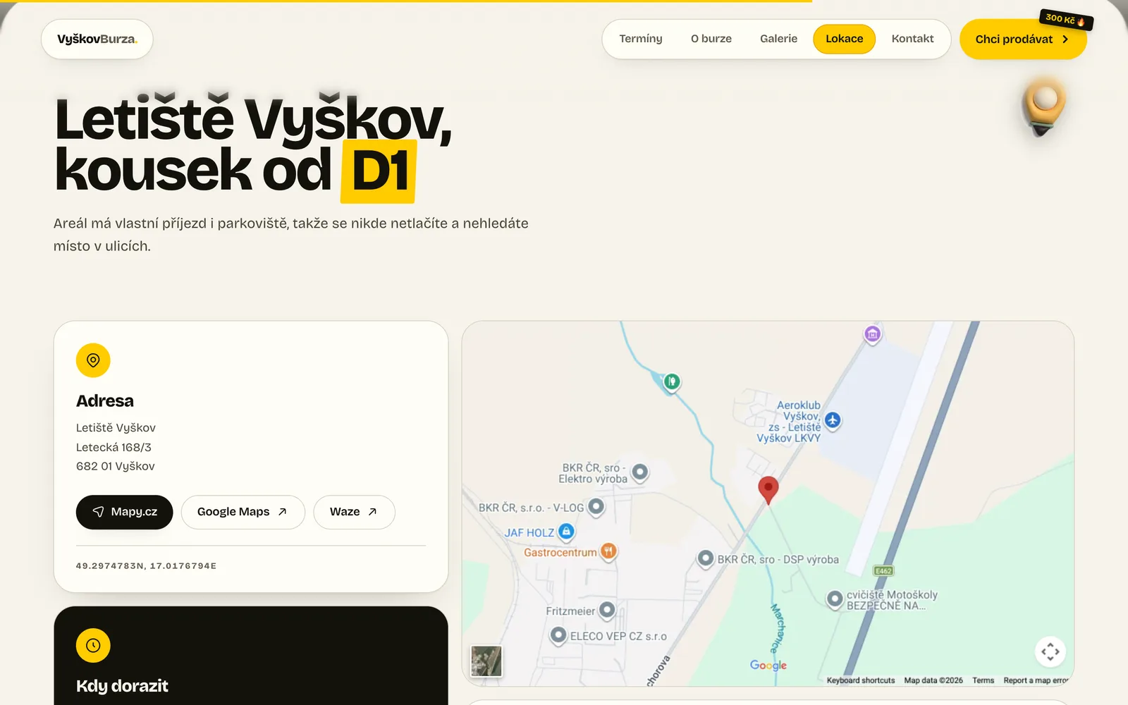 Sekce Letiště Vyškov, kousek od D1 s adresou, odkazy na navigaci a mapou areálu.
