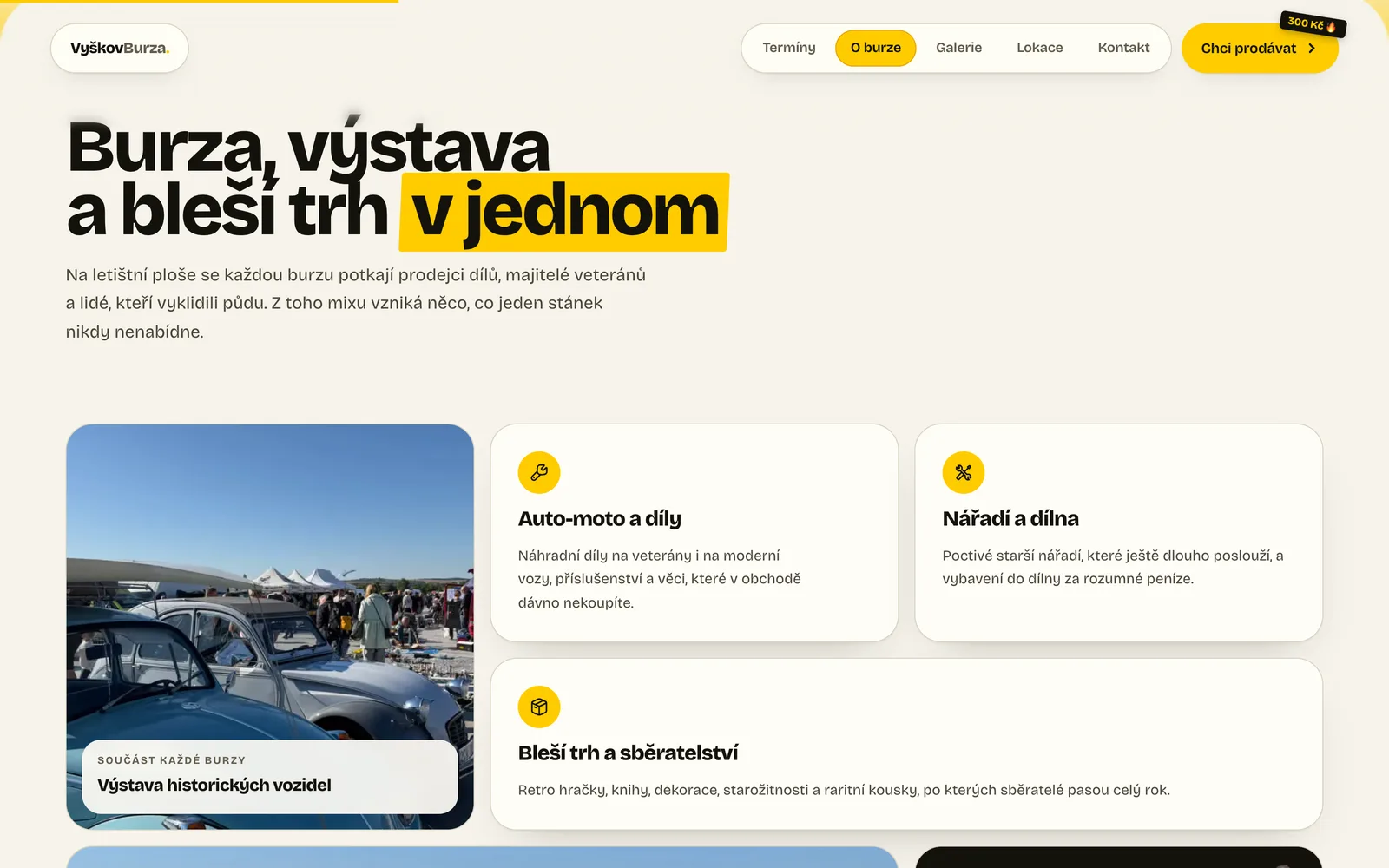Přehled toho, co se na Vyškov Burze prodává: auto-moto díly, nářadí a bleší trh.