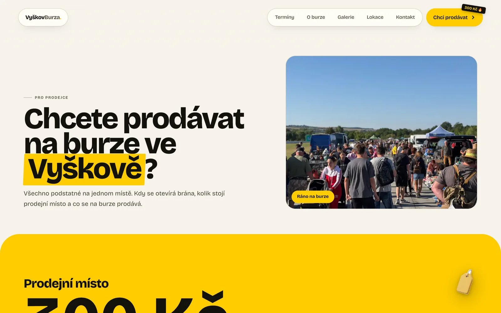 Stránka Pro prodejce na webu Vyškov Burza s nadpisem Chcete prodávat na burze ve Vyškově?