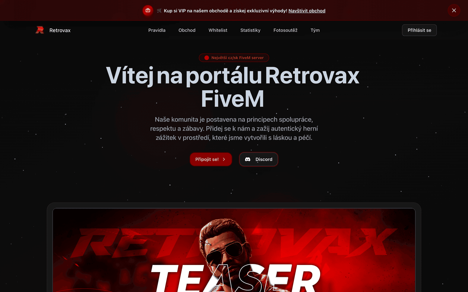 Titulní strana portálu Retrovax pro CZ/SK roleplay server.