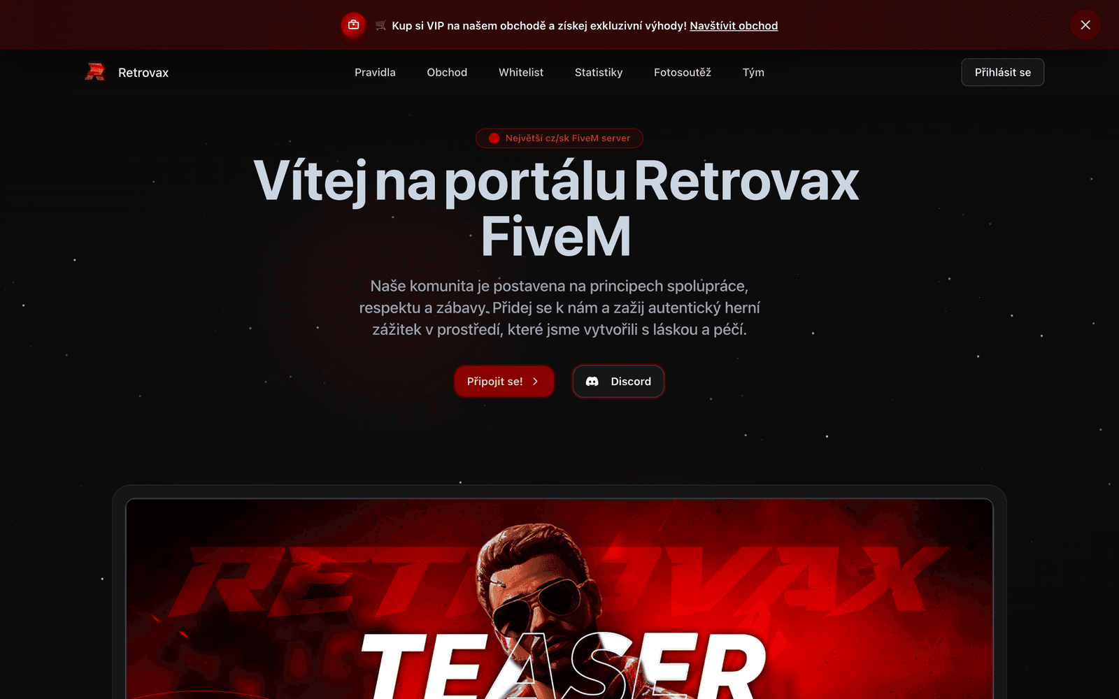 Titulní strana portálu Retrovax pro CZ/SK roleplay server.