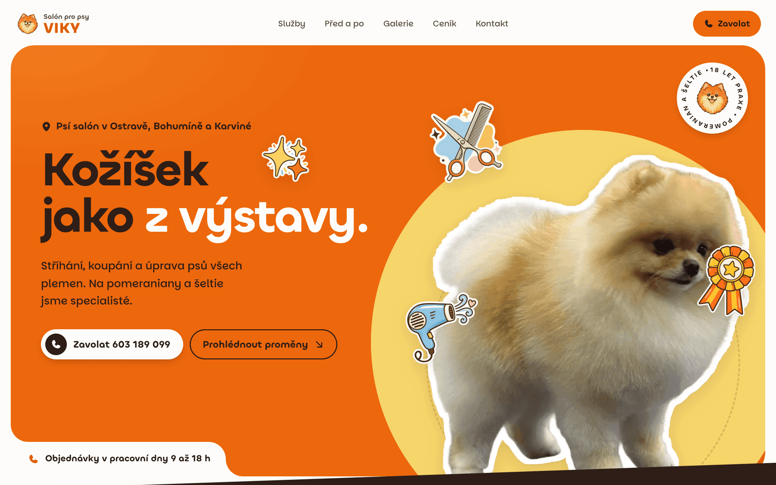 The Salón pro psy Viky home page, with a Pomeranian and a button to call.
