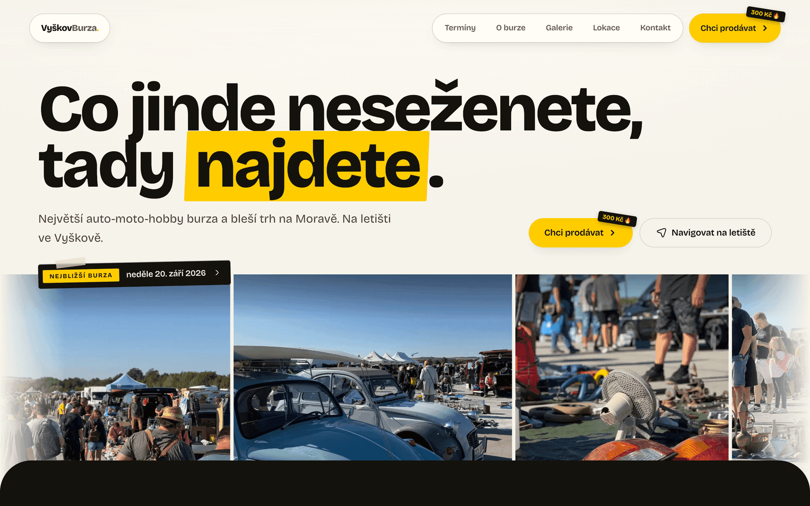 Titulní strana webu Vyškov Burza s nejbližším termínem a fotkami z burzy.