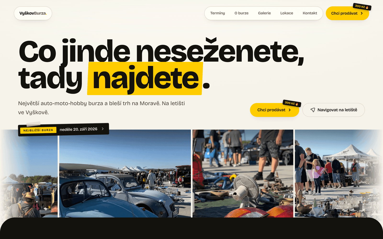 Titulní strana webu Vyškov Burza s nejbližším termínem a fotkami z burzy.