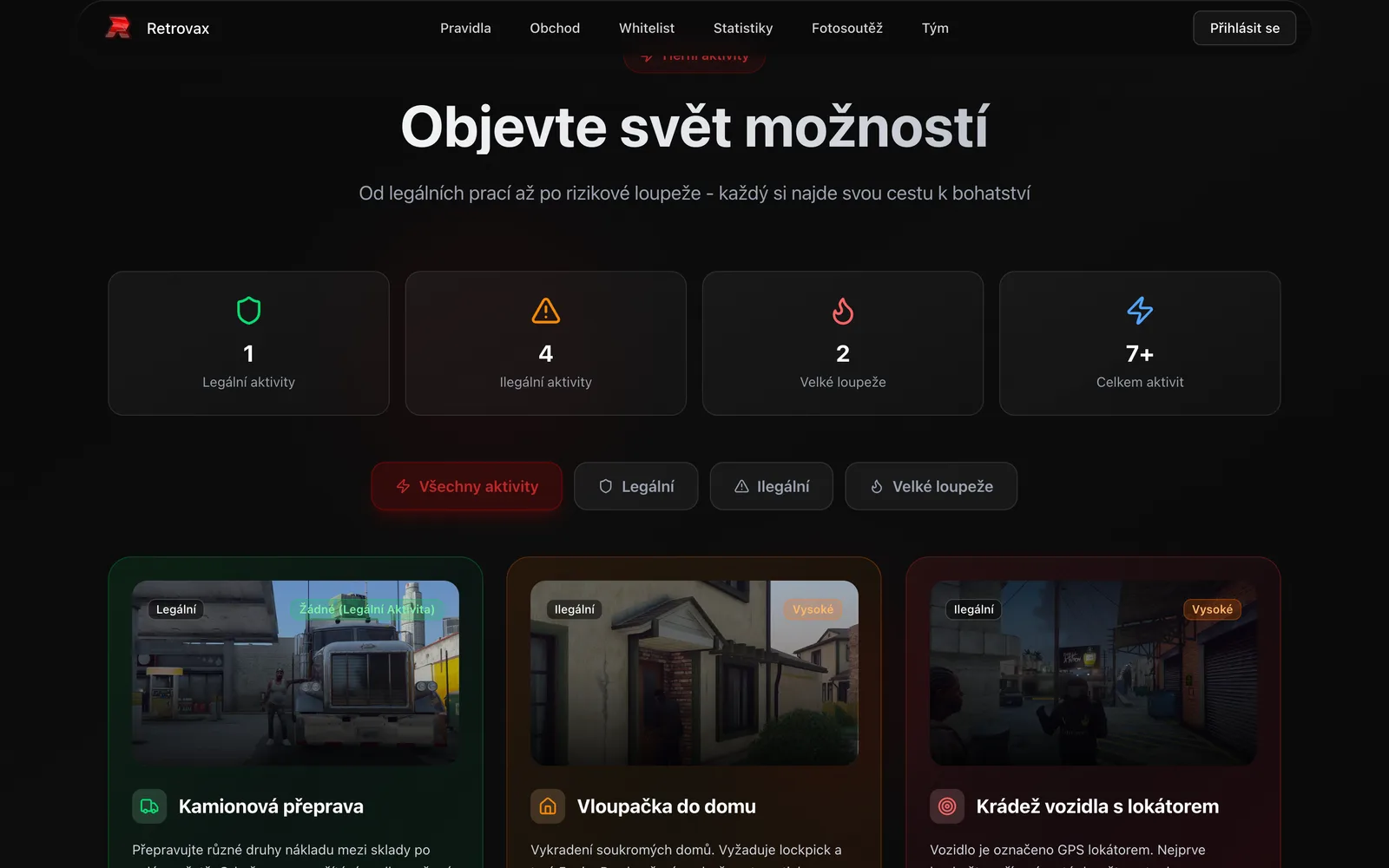 Katalog aktivit na portálu Retrovax s filtry a kartami jednotlivých aktivit.